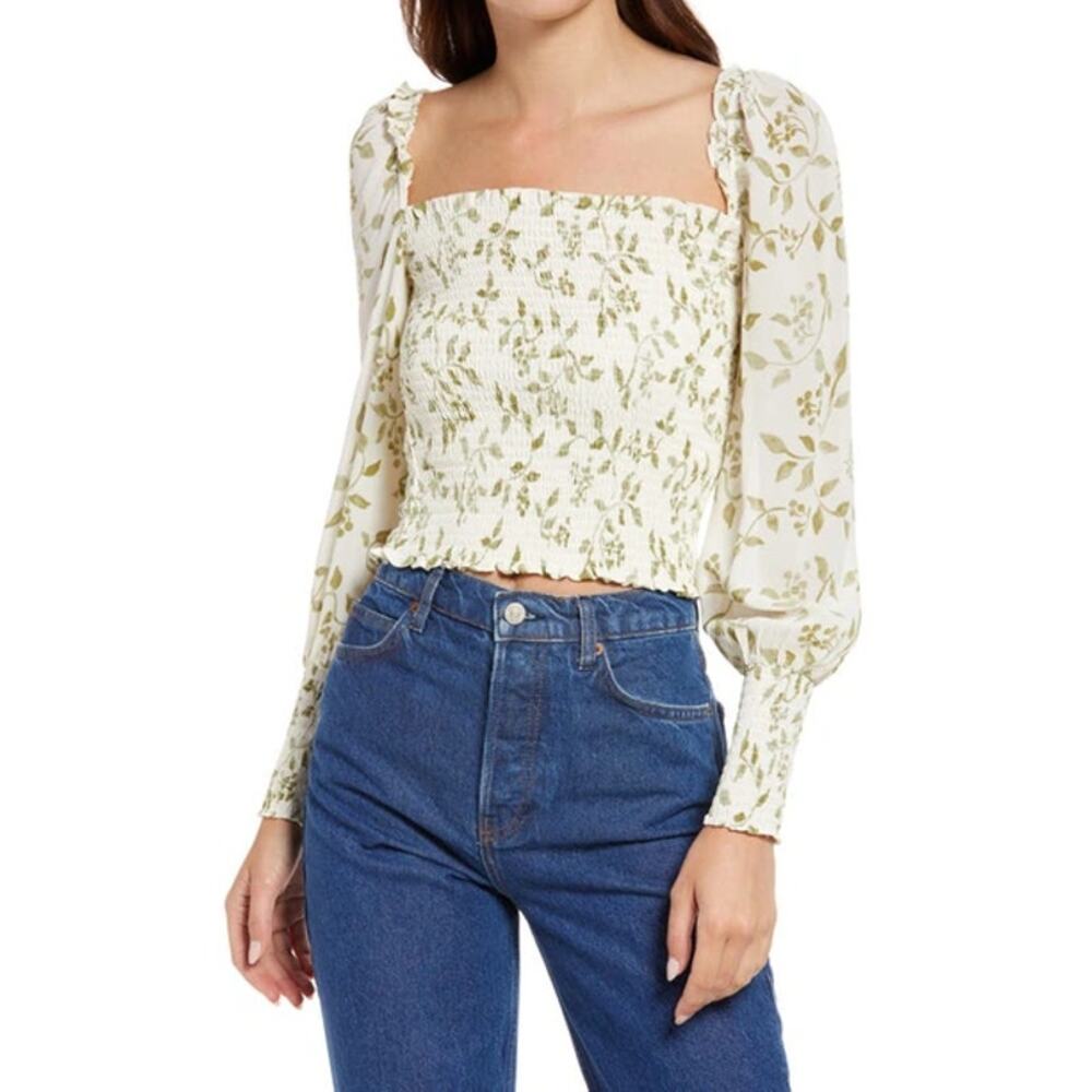NWOT Reformation Pinto Smocked Blouse Cypress Puff Sleeve White Green Medium